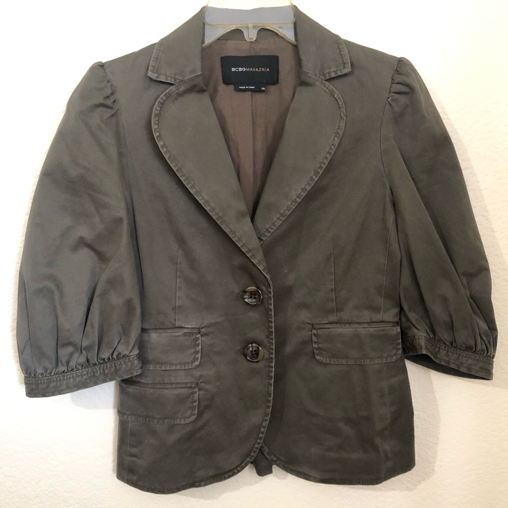 BCBG MAXAZRIA Womens XS Puffy Short Sleeve Blazer 2-Button Military Green